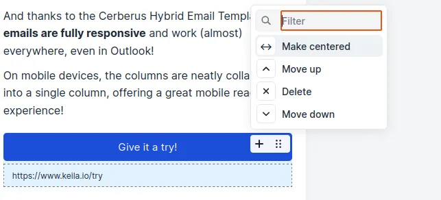 Screenshot showing the settings dialog for the button component