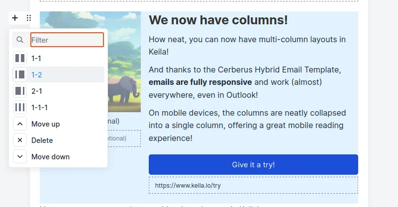 Screenshot showing various layout options