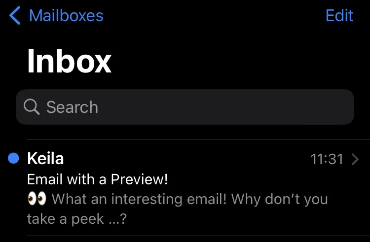 Screenshot showing the iOS email app and an email with a preview text from Keila