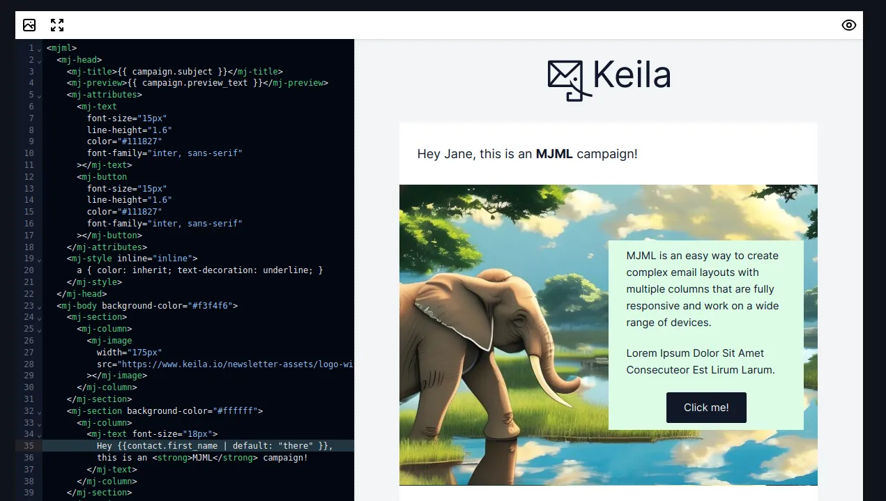 Screenshot des MJML-Editors in Keila