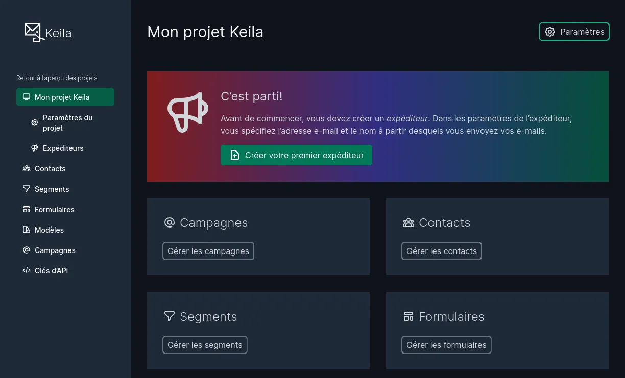 Screenshot of the Keila interface in French.