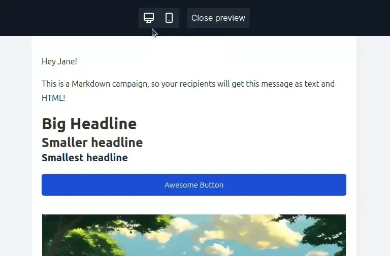Animation showing the switch between mobile and desktop view in the new preview experience.
