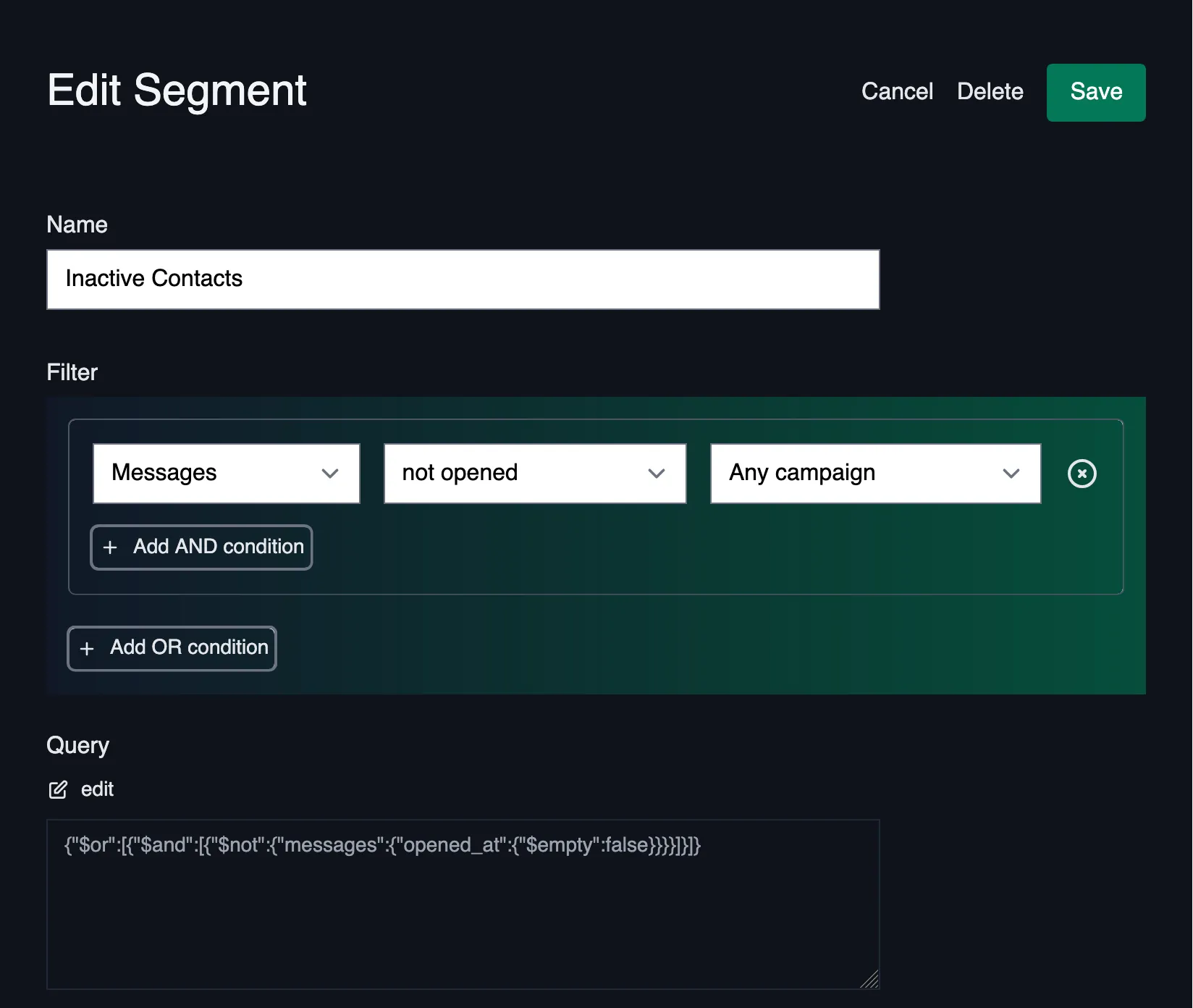 Screenshot showing the message segmentation feature in the Keila segment editor