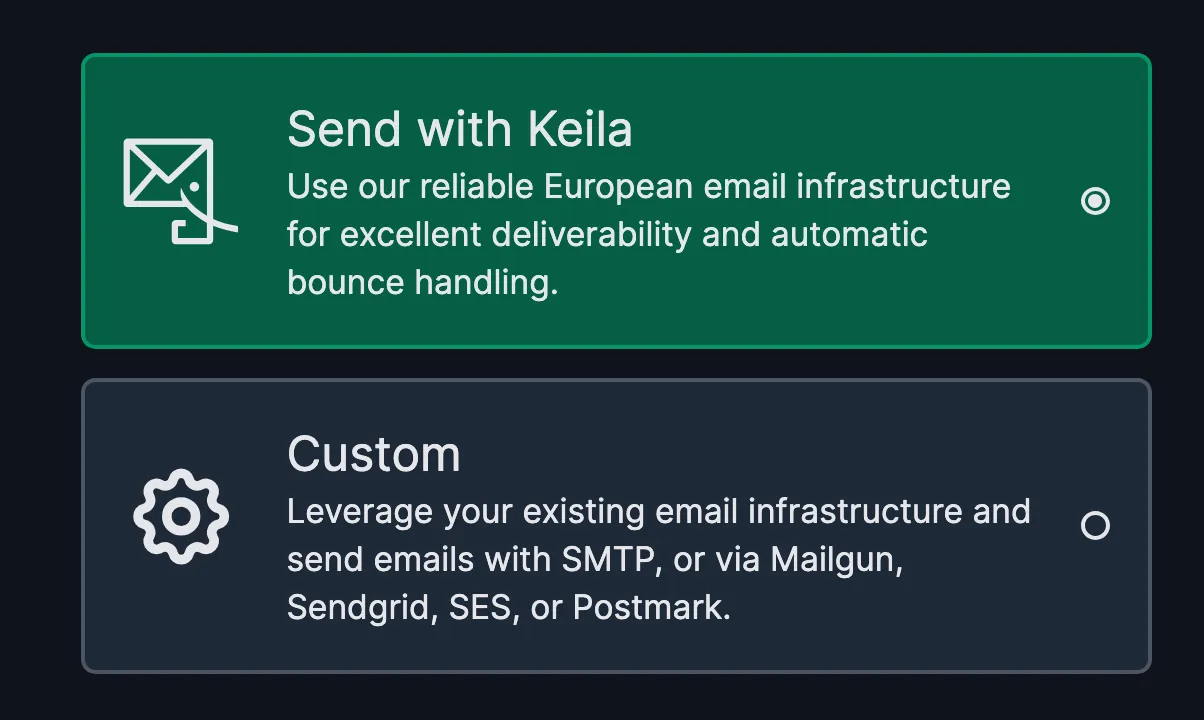 Screenshot showing the new sender setup assistant in Keila.