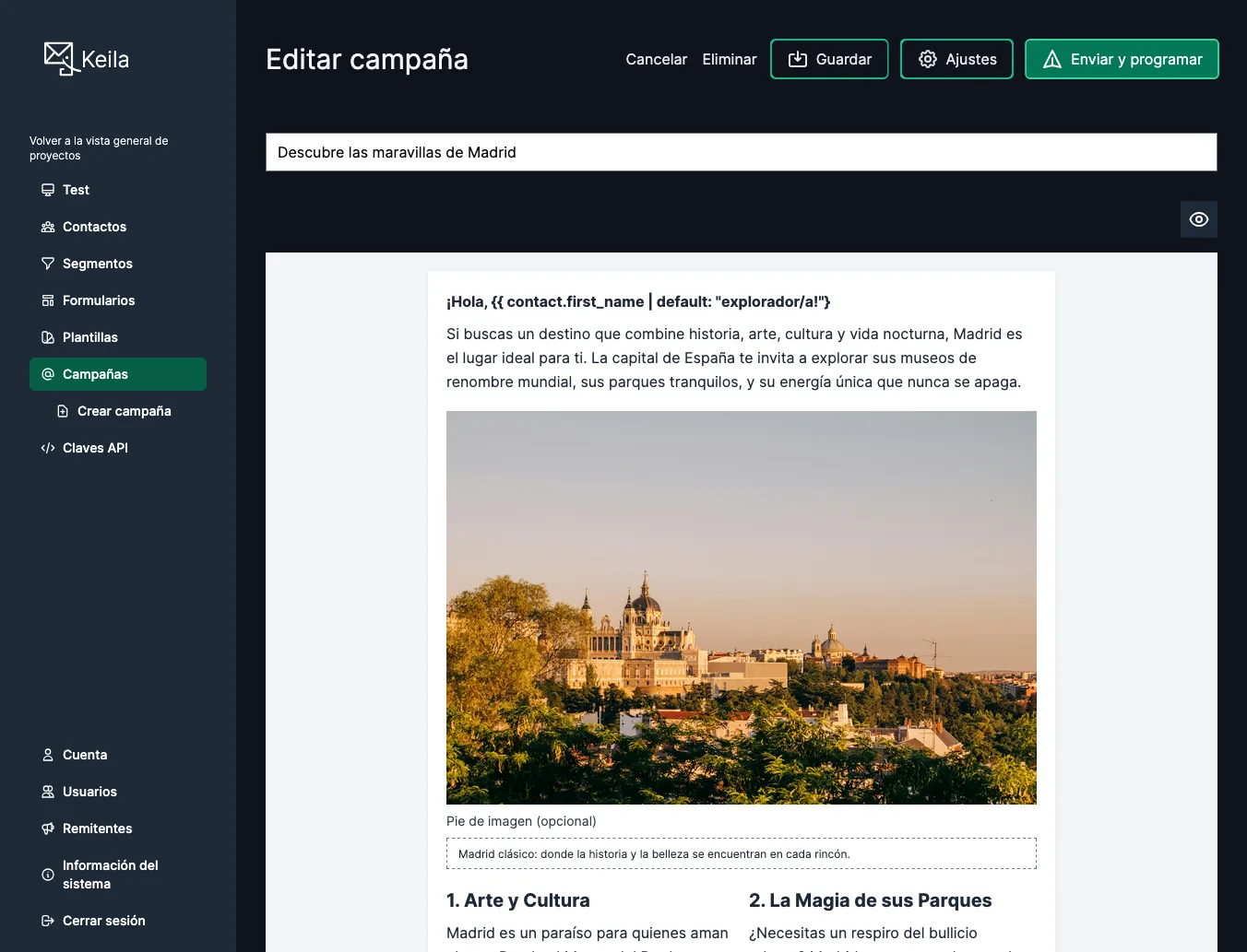 Screenshot of the Keila interface in Spanish.