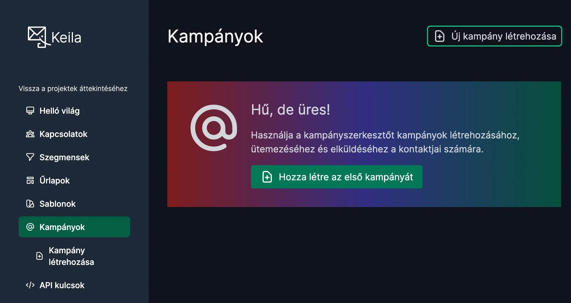 Screenshot of the Keila interface in Hungarian.