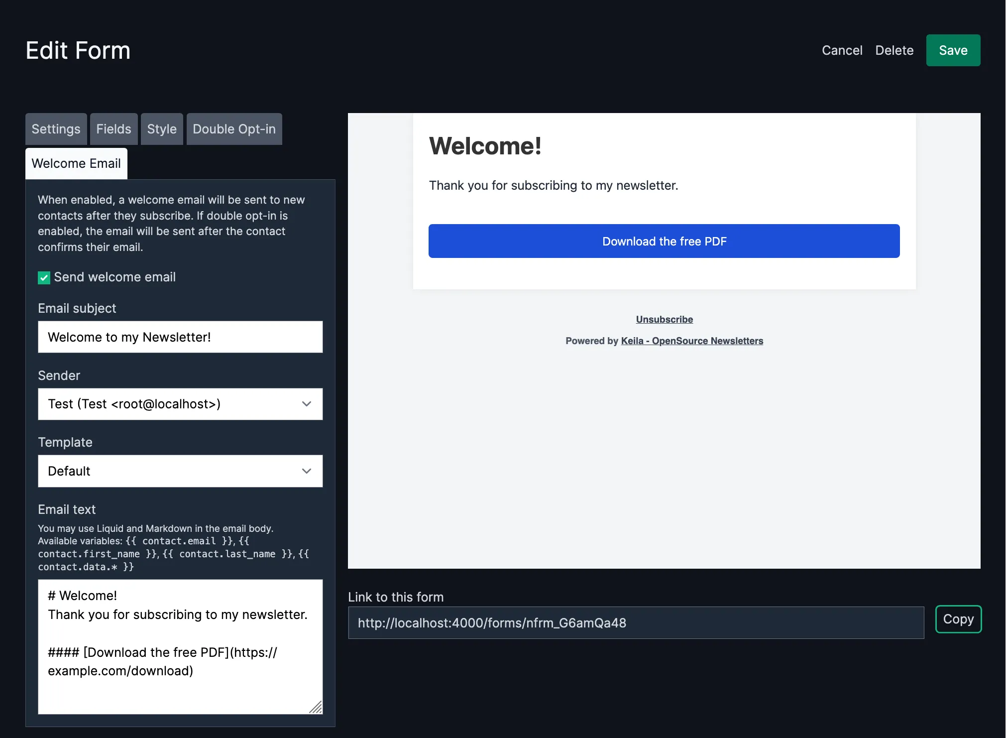 Screenshot showing the welcome email configuration in the Keila form editor with a live preview.