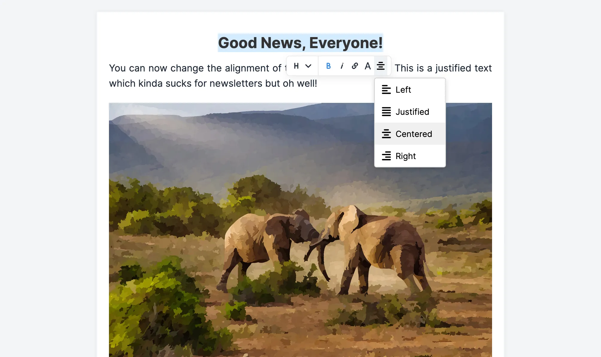 Screenshot showing the new text alignment options in the Block Editor.