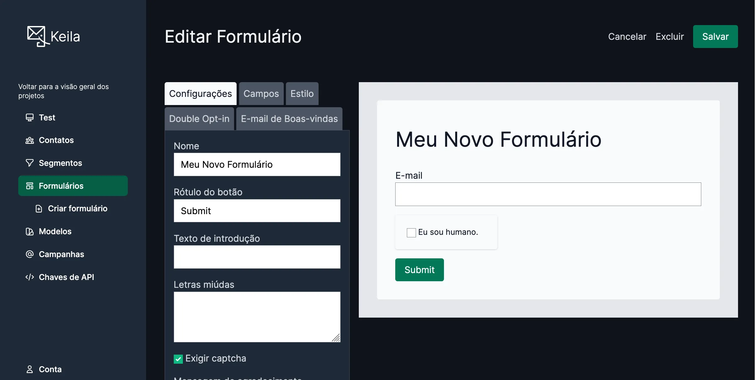 Screenshot of the Keila interface in Brazilian Portuguese.
