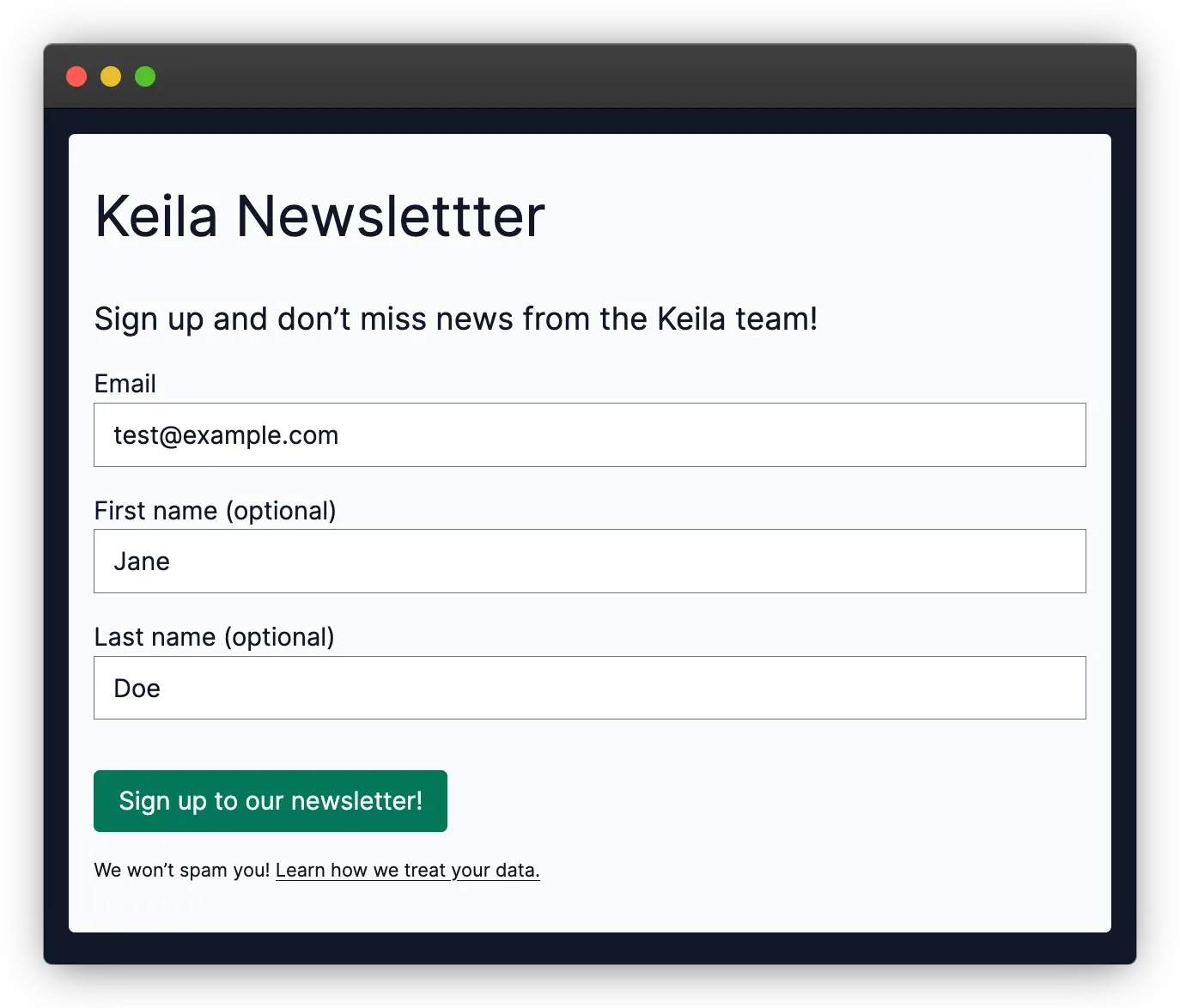 Screenshot of a Keila signup form with pre-filled email and custom fields.