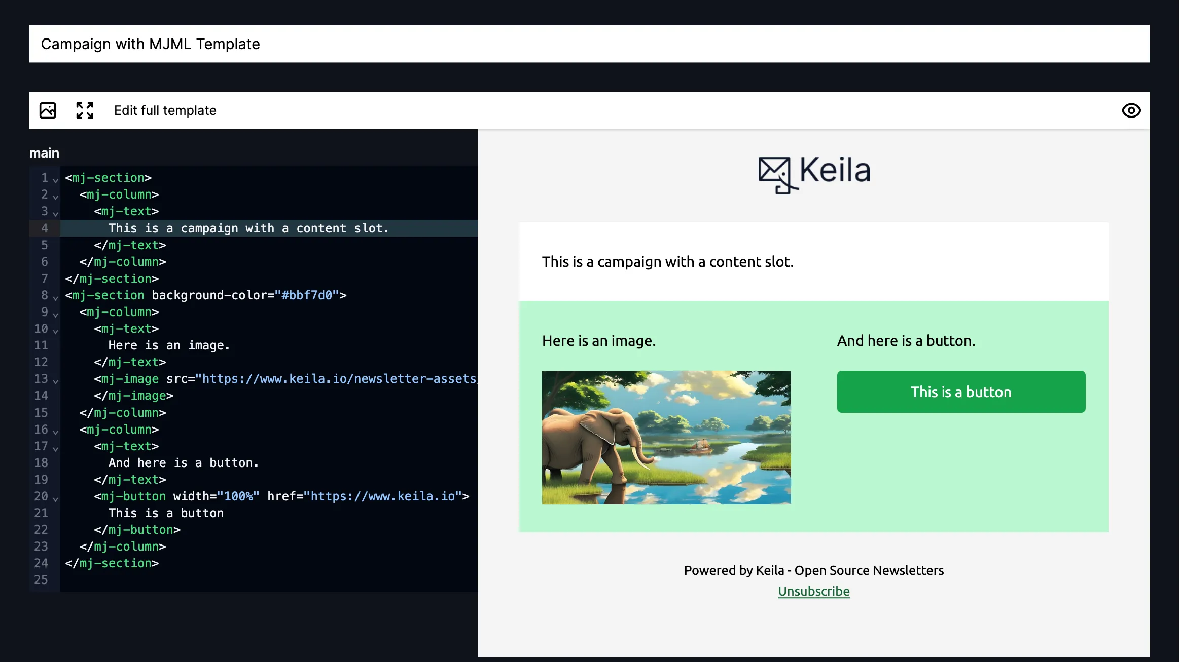 Screenshot showing a template with a highlighted content slot in the Keila editor.