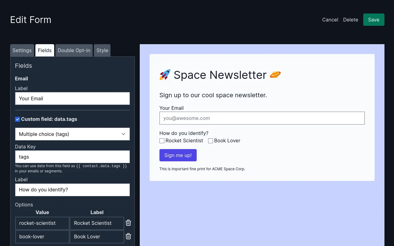 Screenshot of the Keila form builder with a custom tags field