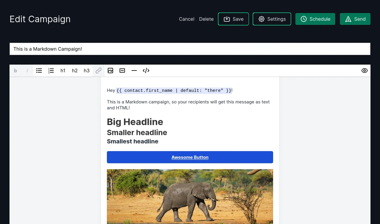 Screenshot des Markdown-Editors in Keila im WYSIWYG-Modus