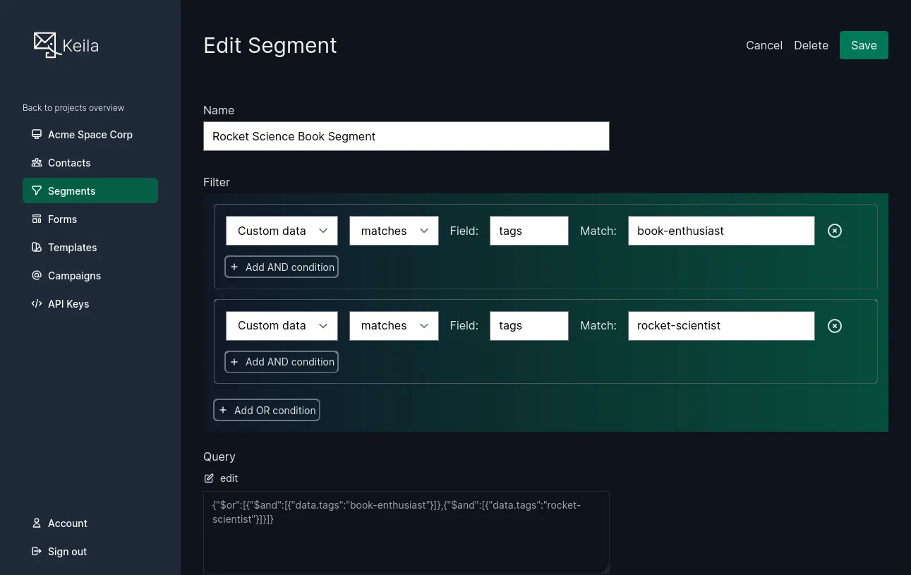 Screenshot of editing a contact segment in Keila