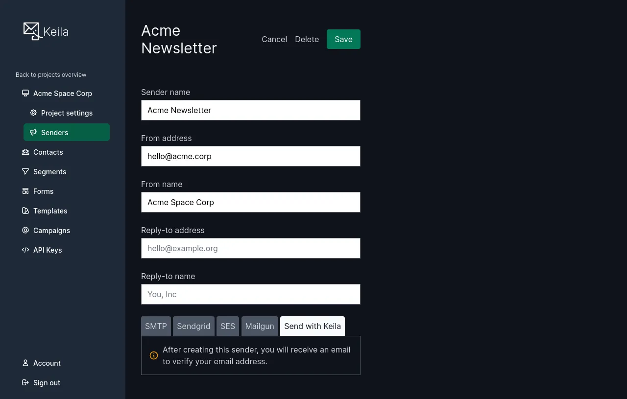 Screenshot of the sender form in Keila