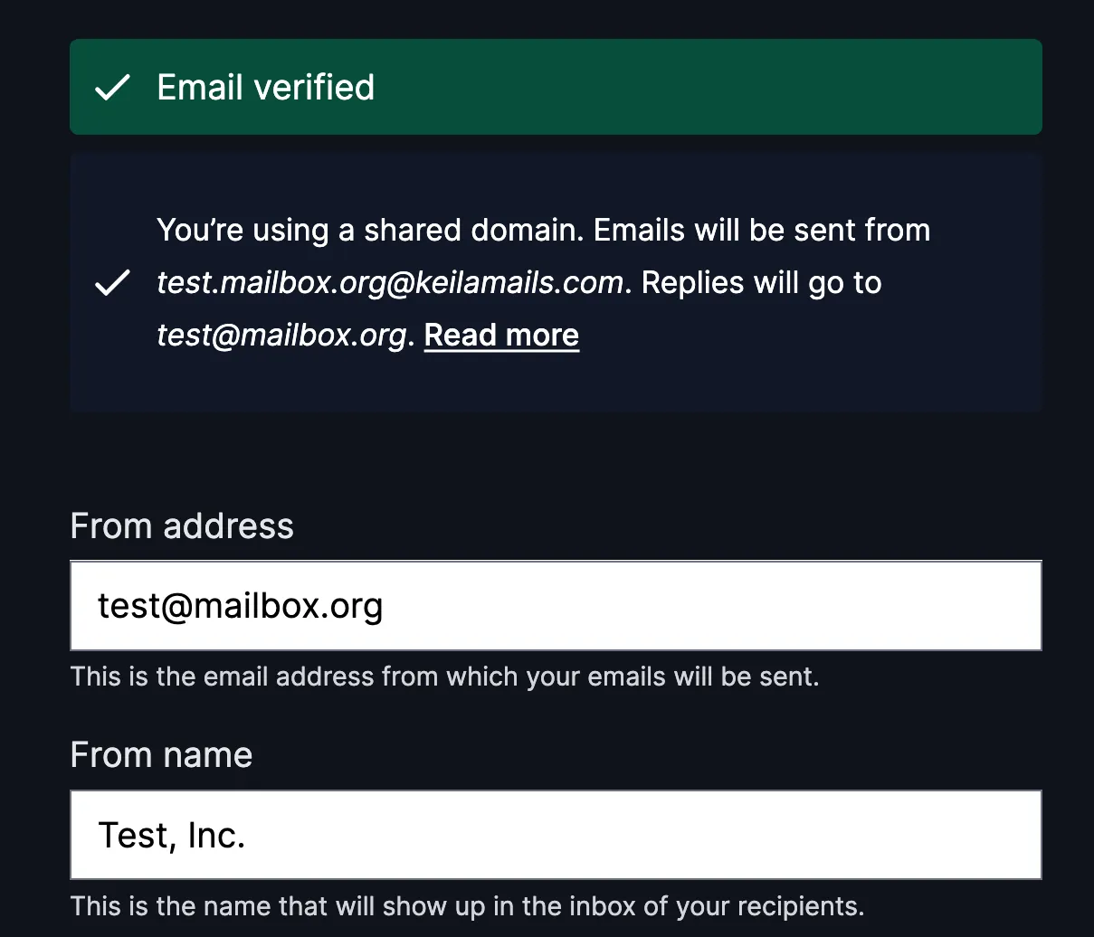 Screenshot of the shared domains info in the Keila Sender settings