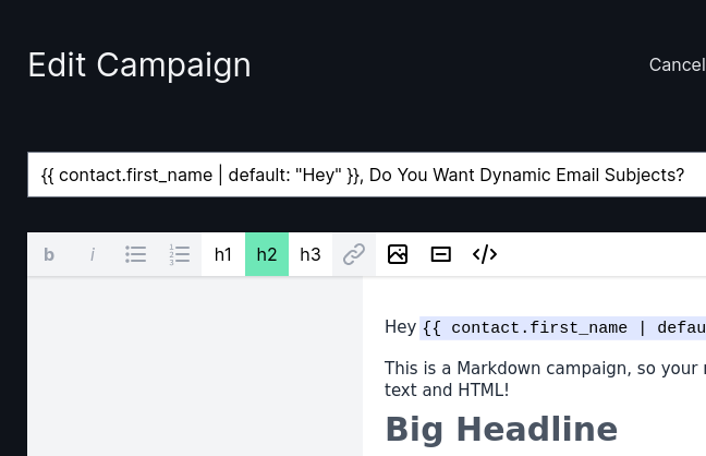 Screenshot showing the use of a liquid tag in an email campaign subject