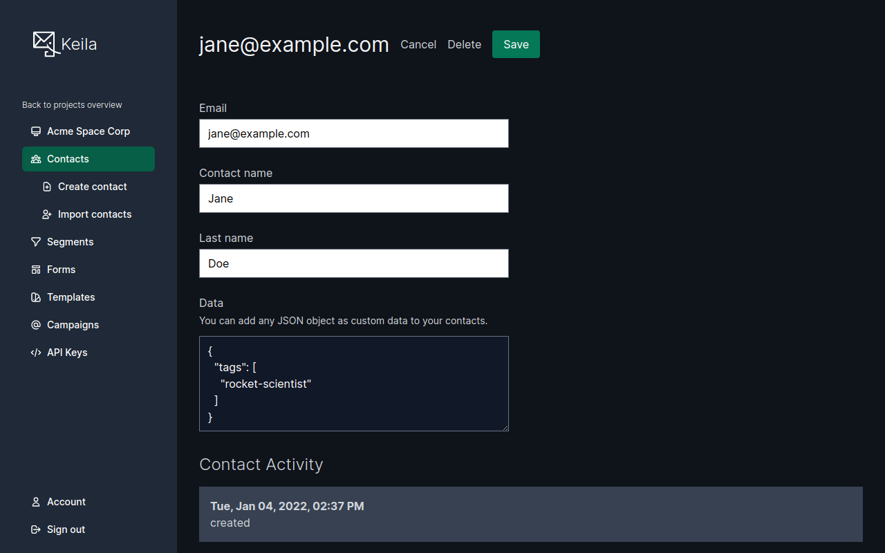 Screenshot of editing a contact with custom data in Keila