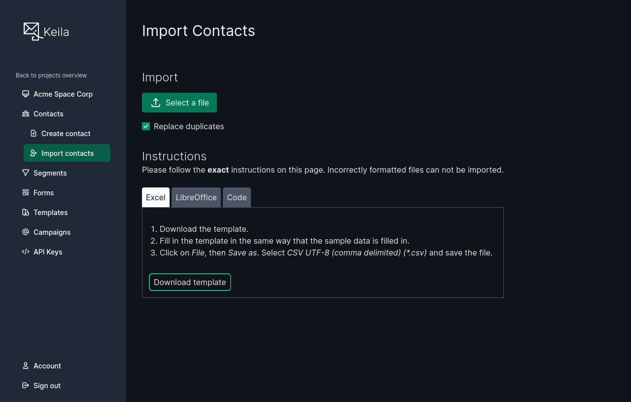 Screenshot of the contacts import page in Keila